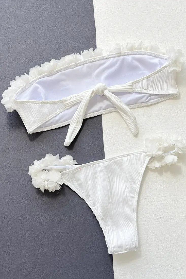 White 3D Flowers Bandeau Strapless Cheeky 2Pc Swimsuit Bikini