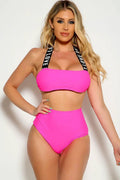 White Neon Pink Love Print Straps High Waist Two Piece Swimsuit