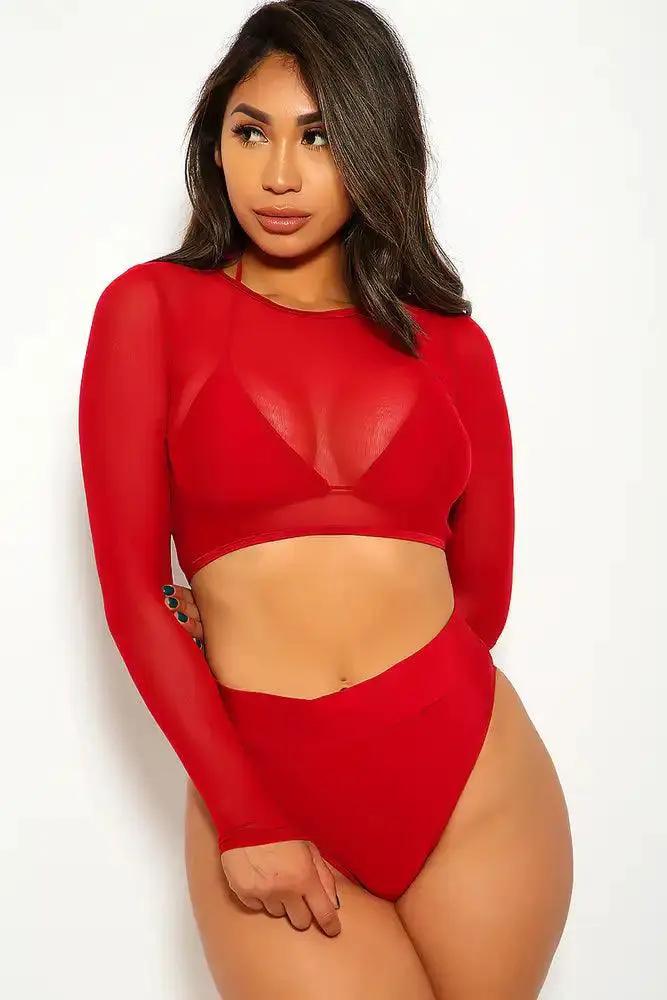 Wine Three Piece Mesh Triangle Bold Swimsuit