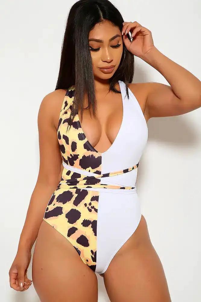 Yellow Leopard Plunging Halter One Piece Swimsuit